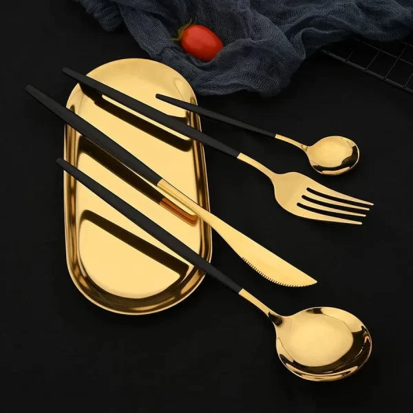 24 Pcs Premium Stainless Steel Dining Cutlery Set Golden & Black